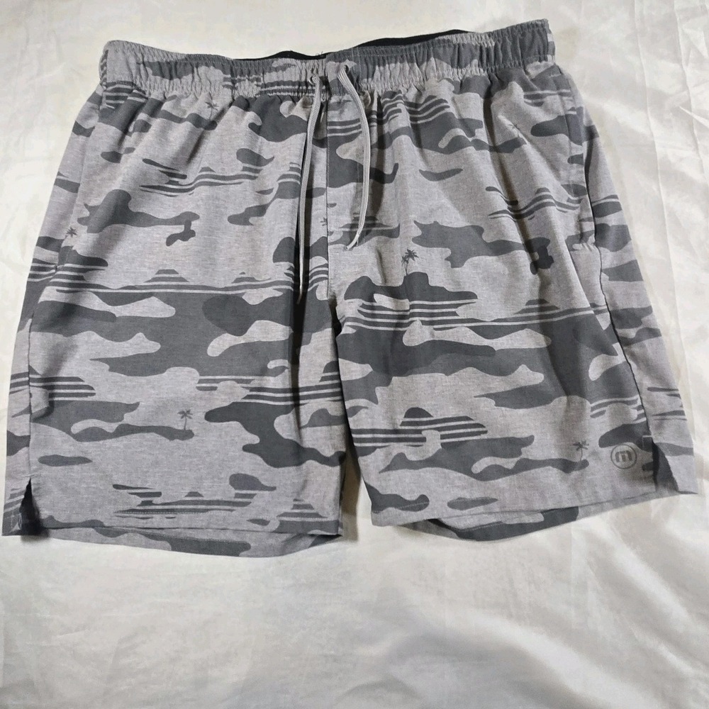 Travis Mathew Mens Large Gray Camo Swim Trunks Lined Drawstring Beach Shorts